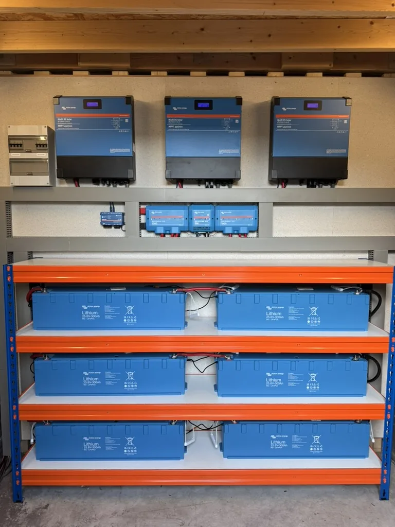 Victron ESS-installatie met drie Multi RS Solar-omvormers en zes Lithium NG-batterijen