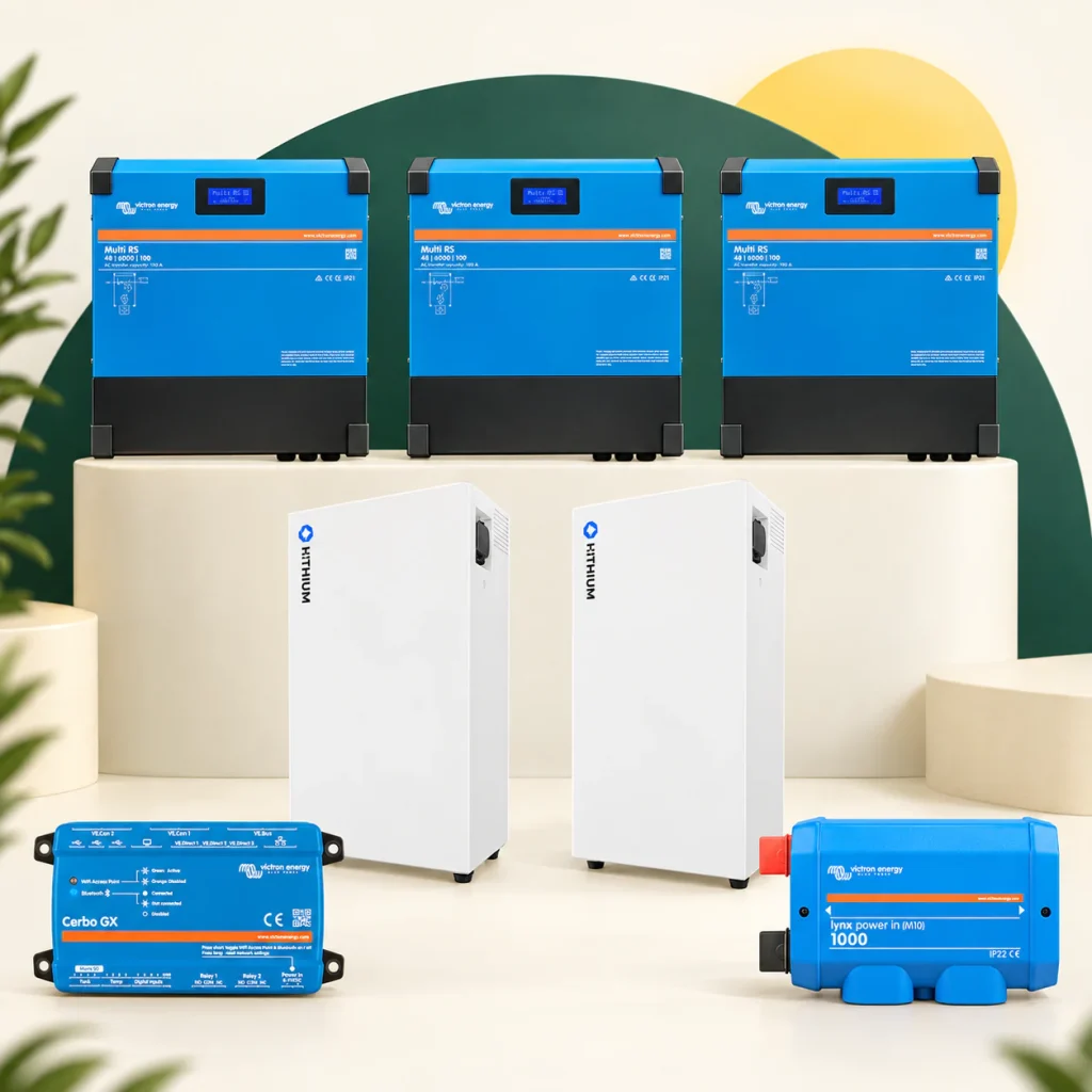Compleet 3-fase ESS met drie Victron Multi RS omvormers, twee Hithium batterijen, Cerbo GX en Lynx